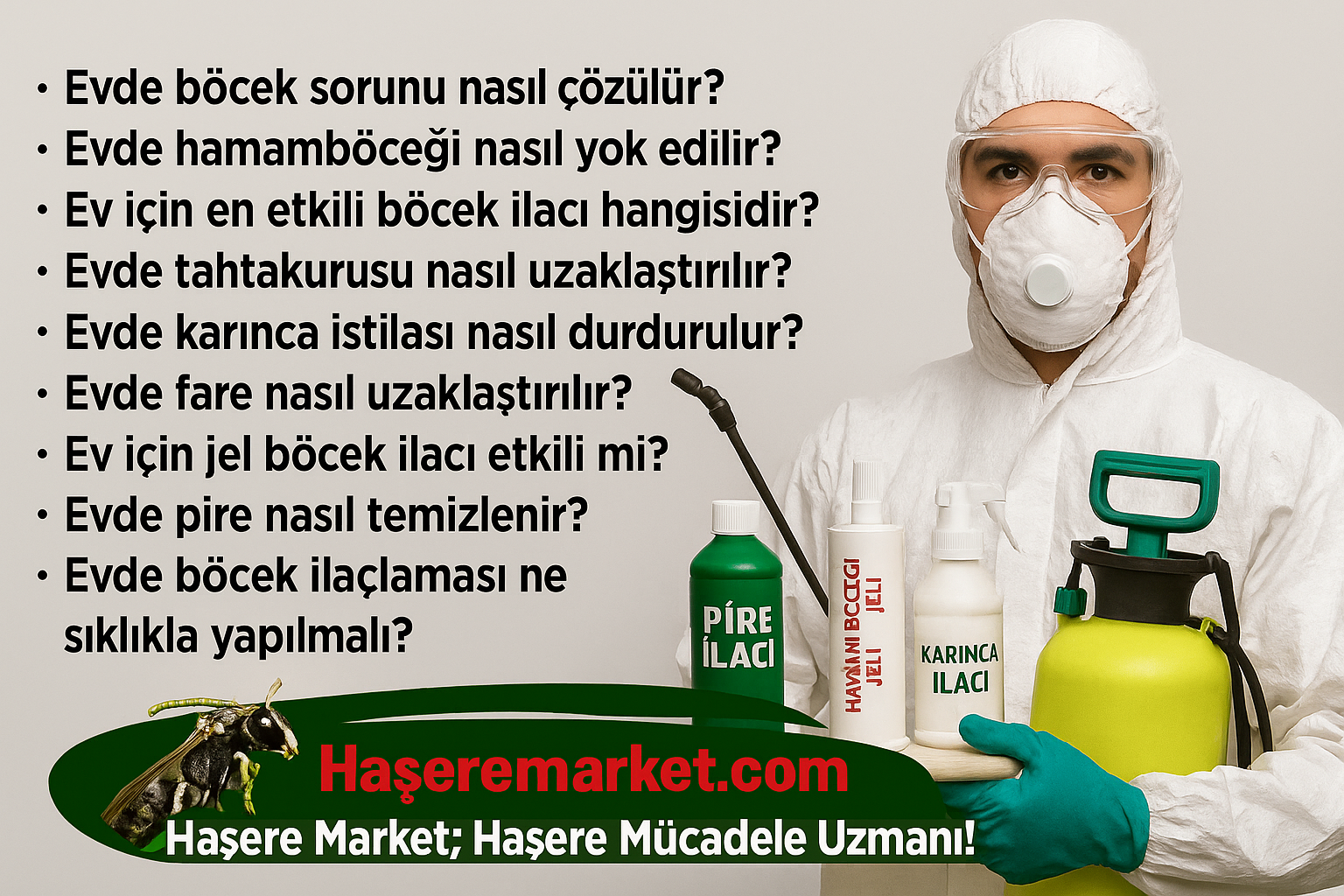 Haşere Market logosu ve 'Haşere Mücadele Uzmanı' sloganıyla, profesyonel böcek ve fare ilaçlama çözümlerini simgeleyen tanıtım görseli.